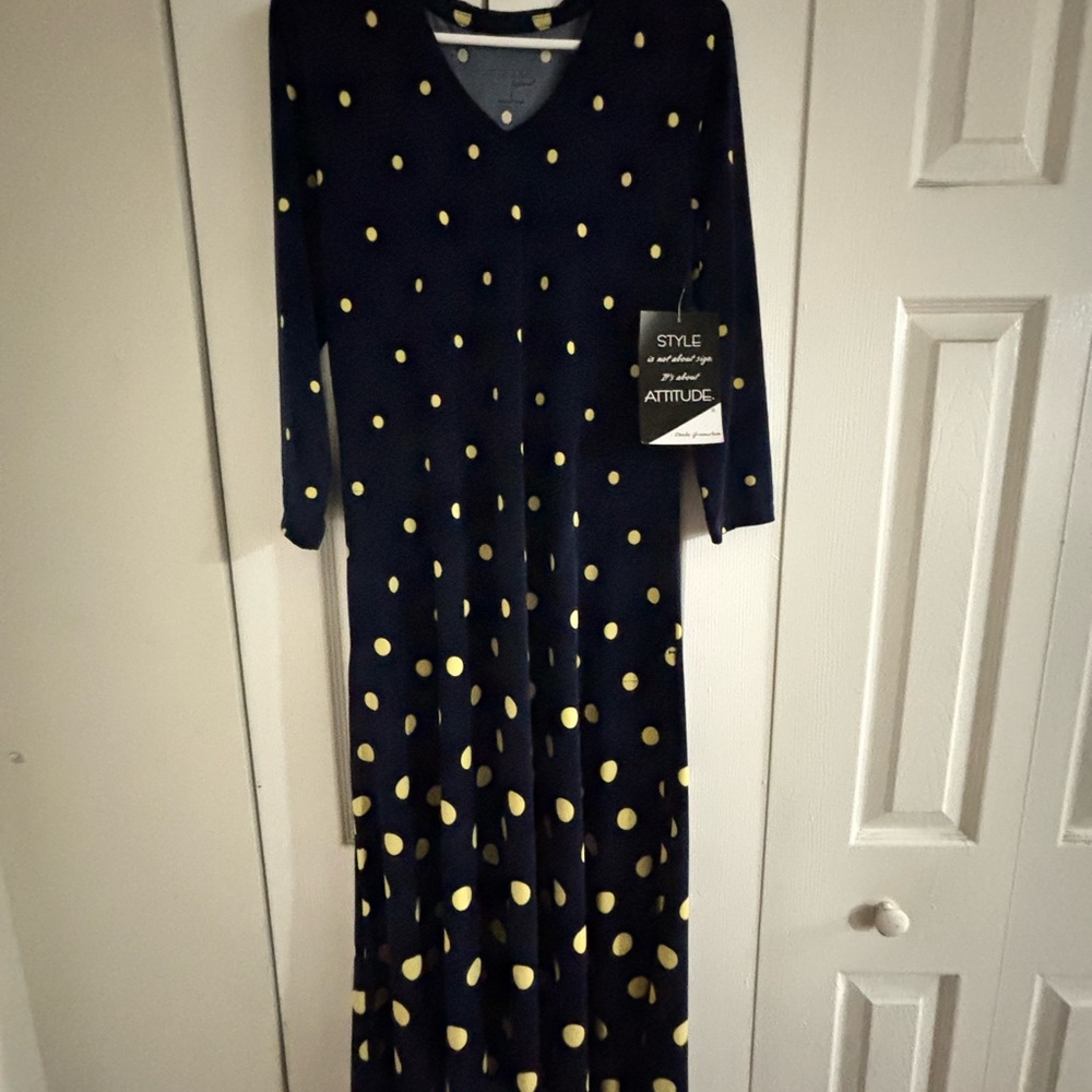 Attitudes by Renee Dark Blue Dress with Yellow Dots